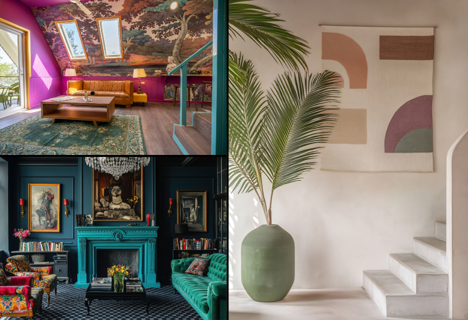 three way split image of boldly colored living spaces